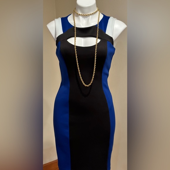 Guess Blue & Black Sleeveless Cutout Colorblock Bodycon Dress Sz. 2 - Picture 3 of 15